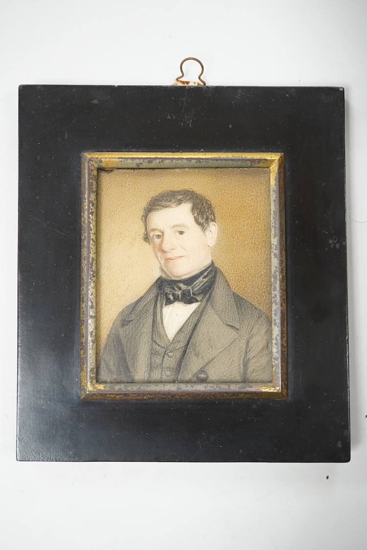 Three early to mid 19th century Portrait miniatures comprising: One of a lady, Maria Spencer, and two portraits of gentlemen, one depicting Mr John Child of Surrey, watercolours on card, largest, 9 x 8cm, each framed